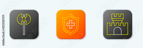 Set line Medieval axe, Shield and Castle, fortress icon. Vector