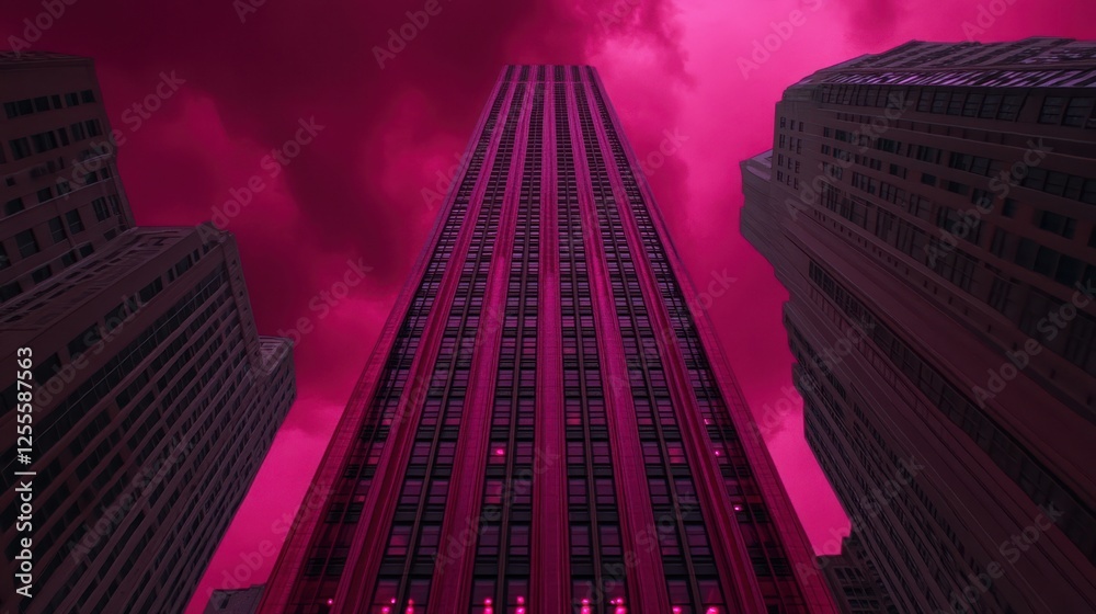 Fototapeta premium Pink Cityscape: Skyscrapers under a Crimson Sky