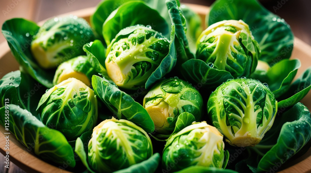 Washed prepped Brussels sprouts with drops of water on the leaves in a timber bowl. Washed prepped Brussels sprouts with drops of water on the leaves in a timber bowl.