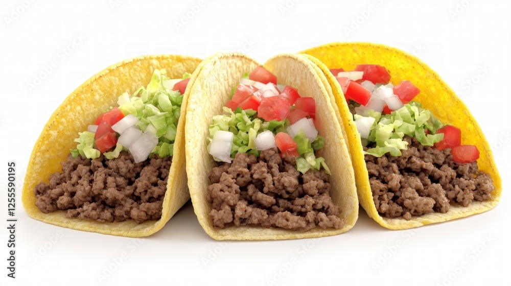 Three Ground Beef Tacos with Lettuce, Tomatoes, and Onions Three Ground Beef Tacos with Lettuce, Tomatoes, and Onions