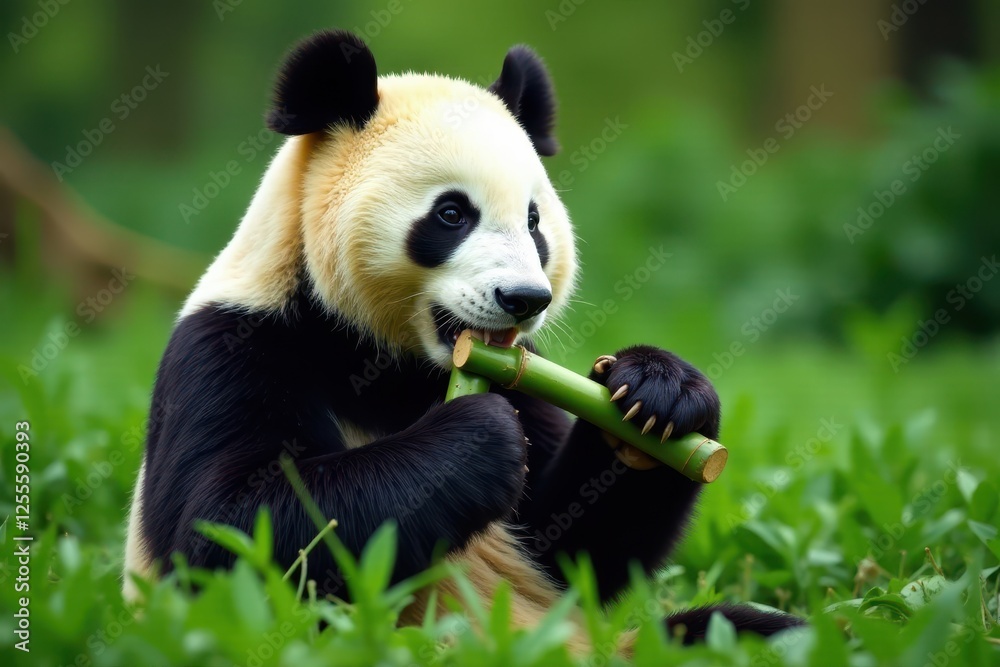 Obraz premium Large panda munching bamboo stalks, lush green setting, eating bamboo, hungry, giant panda