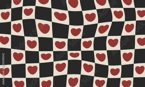 Wavy chessboard with hearts. Abstract groovy checkered pattern. Love concept. Retro love design in 60-70s hippie style