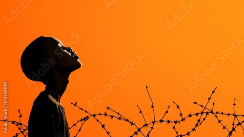 Silhouette of a person with barbed wire against an orange background symbolizing freedom and resilience