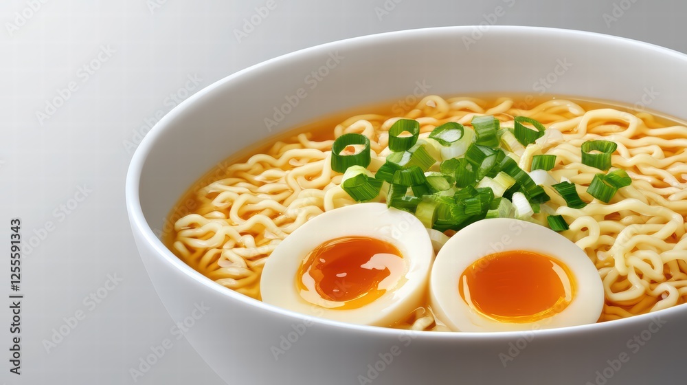 Delicious Bowl of Ramen Noodles with Soft Boiled Eggs and Scallions Delicious Bowl of Ramen Noodles with Soft Boiled Eggs and Scallions