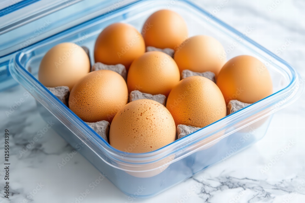 Fresh Brown Eggs in Clear Container Arranged on Marble Surface Fresh Brown Eggs in Clear Container Arranged on Marble Surface