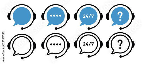Support service. Customer support, assistance, technical support, customer service, call center, hotline, operator, staff, agent, service icon. Call center symbols. Service concept symbols
