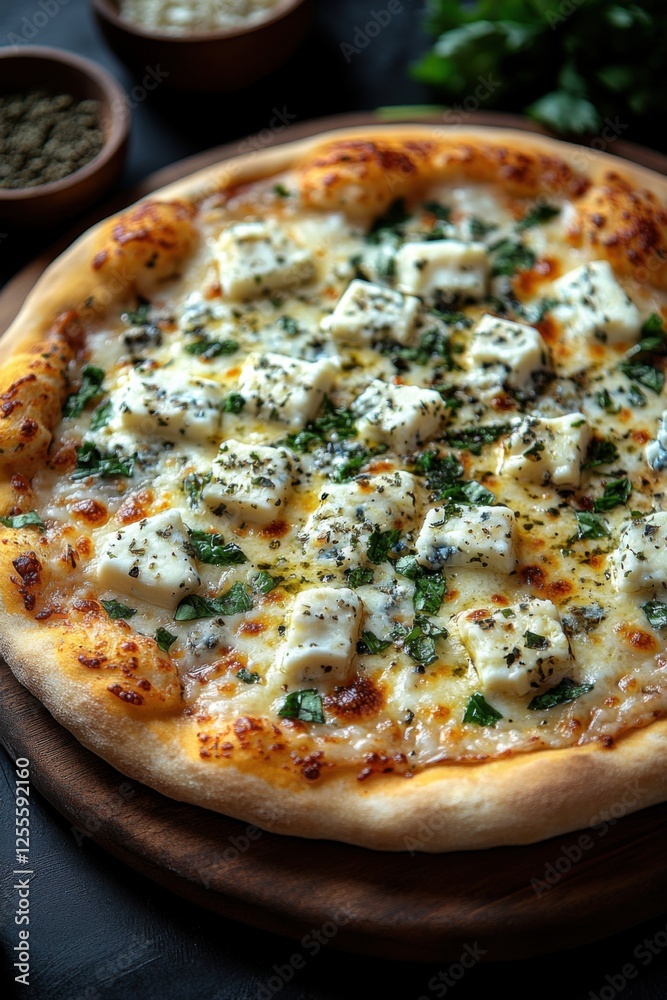 Delicious cheese pizza with herbs and seasoning on rustic crust Delicious cheese pizza with herbs and seasoning on rustic crust