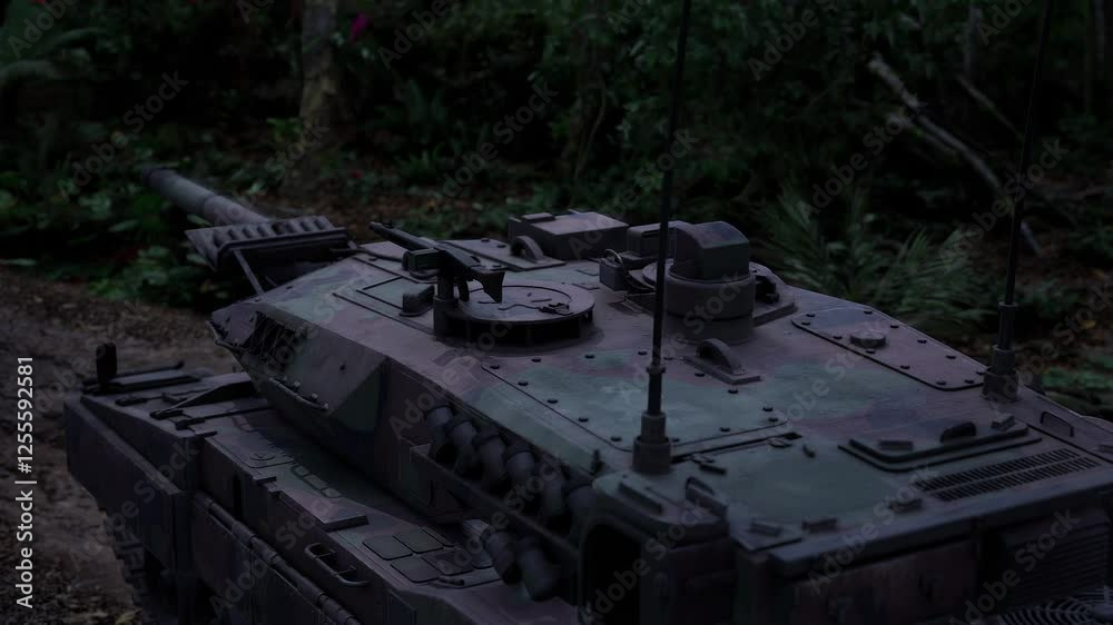A robust military tank is maneuvering through a dense jungle, surrounded by lush greenery and shadows. The time is twilight, adding a mystique to the scene. A robust military tank is maneuvering through a dense jungle, surrounded by lush greenery and shadows. The time is twilight, adding a mystique to the scene.