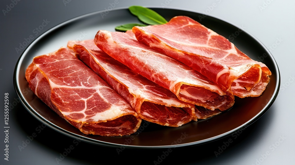 Iberico cured meat enhances flavorful appetizers. Freshly sliced meat on a black plate with garnish. Iberico cured meat enhances flavorful appetizers. Freshly sliced meat on a black plate with garnish.