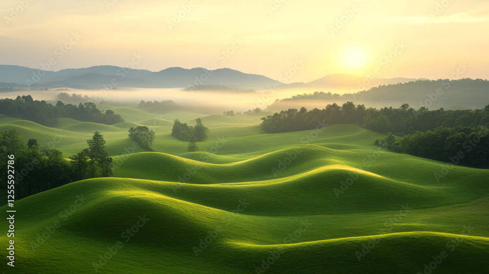 A calming pastoral landscape where rolling curves of golden grass catch the sun’s rays, each wave A calming pastoral landscape where rolling curves of golden grass catch the sun’s rays, each wave