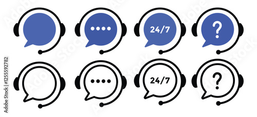 Support service. Customer support, assistance, technical support, customer service, call center, hotline, operator, staff, agent, service icon. Call center symbols. Service concept symbols