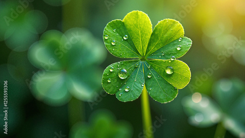Vibrant Four-Leaf Clover with Dewdrops: Nature's Lucky Charm for Eco-Friendly Branding, Wellness Products, and Good Fortune Themes