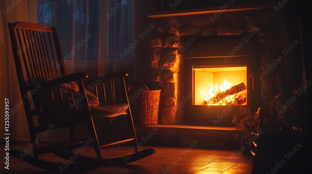 A serene image of a rocking chair beside a fireplace, with glowing embers in the dark adding warmth and coziness to the quiet, intimate setting A serene image of a rocking chair beside a fireplace, with glowing embers in the dark adding warmth and coziness to the quiet, intimate setting