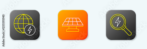 Set line Global energy power planet, Solar panel and Lightning bolt icon. Vector