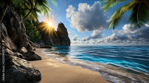 Tropical beach scene with a sandy shore, dark stone cliffs, turquoise water, and lush palm trees. Sunrise or sunset light with sun rays.  Digital