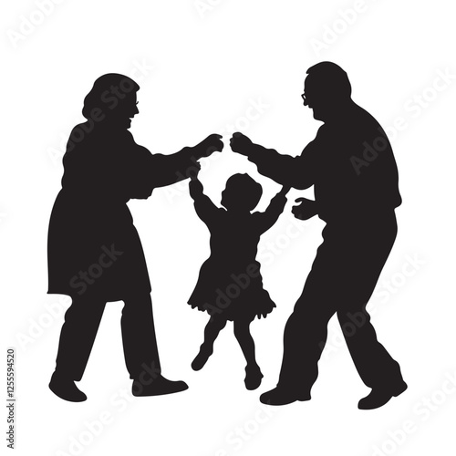 Silhouette of Grandparents Happily Playing with Their Grandchild - Vector Illustration