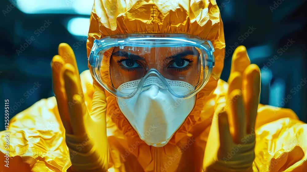Female scientist in a sterile lab suit with gloves and a face mask, staring intently Female scientist in a sterile lab suit with gloves and a face mask, staring intently
