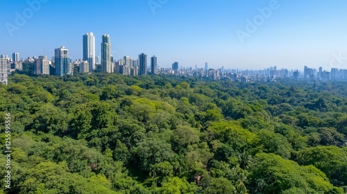 High angle panoramic view of a lush green forest park, encompassing a significant portion of the frame, situated in a major city. Modern high rise