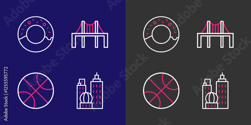 Set line City landscape, Basketball ball, Golden gate bridge and Donut icon. Vector