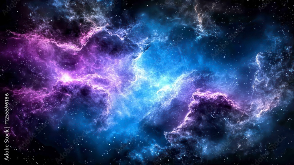 Fototapeta premium Vast expanse of nebulae with vibrant colors, deep purples and blues contrasted against a dark night sky speckled with stars, detailed textures and