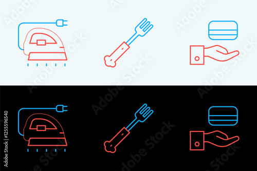Set line Digital door lock, Electric iron and Fork icon. Vector
