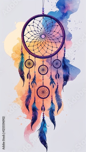 Bohemian Dreamcatcher in Flowing Ethereal Washes on plain white background photo