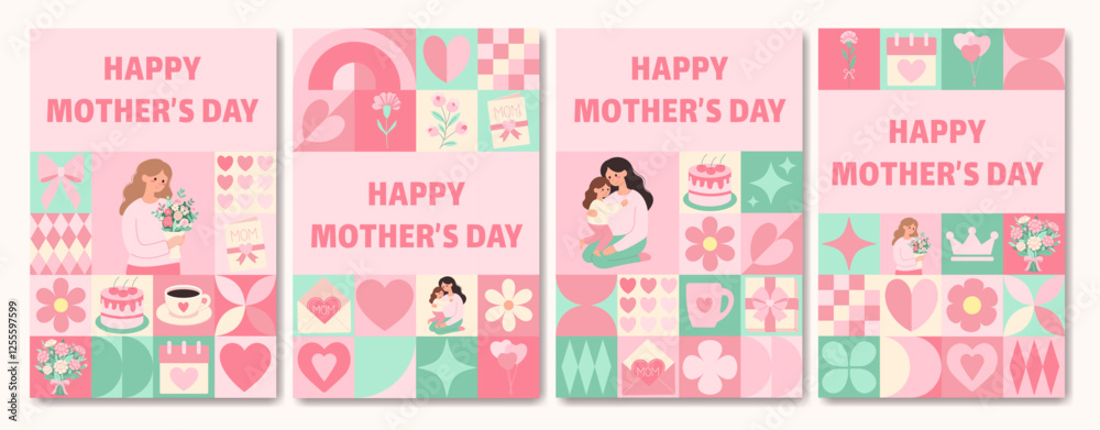 A set of four cards with a pink background and a variety of images of women and children. The cards are titled Happy Mother's Day and feature a woman holding a bouquet of flowers A set of four cards with a pink background and a variety of images of women and children. The cards are titled Happy Mother's Day and feature a woman holding a bouquet of flowers