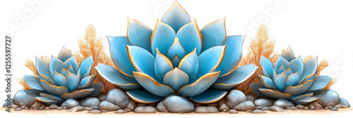 A sharp, turquoise succulent bristling with shiny golden quills, perched among small stones in a