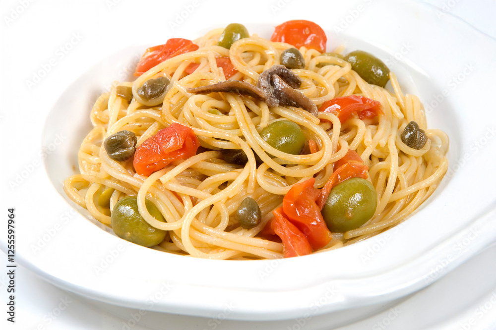Spaghetti alla puttanesca or spaghetti whit tomatoes, olives and anchovies typical of Sicilia and Trapani area Spaghetti alla puttanesca or spaghetti whit tomatoes, olives and anchovies typical of Sicilia and Trapani area