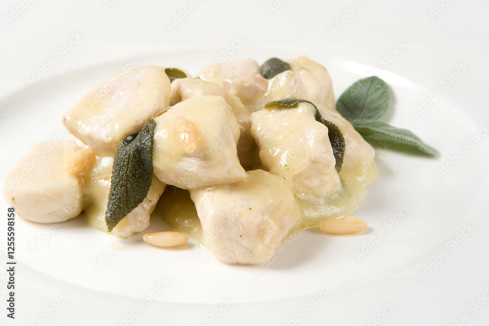 Pollo alla salvia or chicken with sage on white background