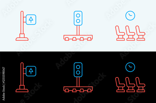 Set line Waiting room, Road traffic signpost and Train light icon. Vector