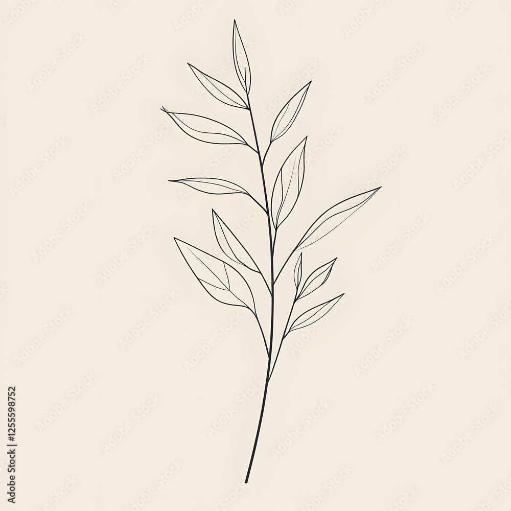 Fototapeta premium Minimalist Line Art Drawing of Bamboo Stem with Leaves