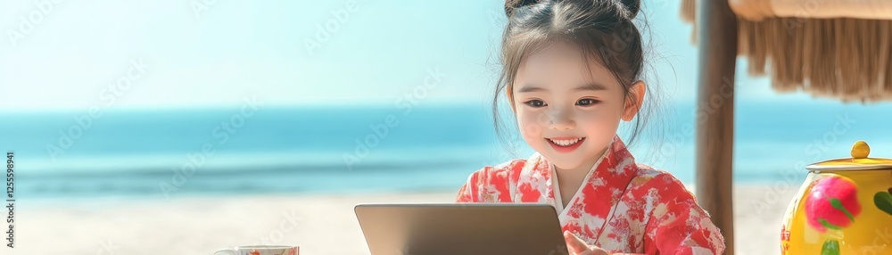 Capture the joyful spirit of childhood with this heartwarming image of a young girl happily engaged with a tablet on a sun-kissed beach, embodying the essence of a digital nomad working on a laptop Capture the joyful spirit of childhood with this heartwarming image of a young girl happily engaged with a tablet on a sun-kissed beach, embodying the essence of a digital nomad working on a laptop