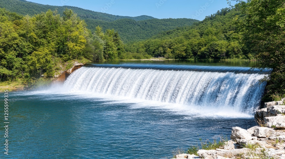 Fototapeta premium Relaxing waterfall flowing through lush green forest scenic nature landscape clear blue water vibrant environment