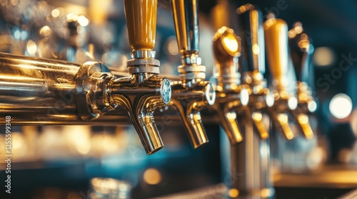 Close-up of multiple beer taps in a bar or pub, Alcohol concept. Vintage style. Beer craft. Bar table. Steel taps. Shiny taps. photo