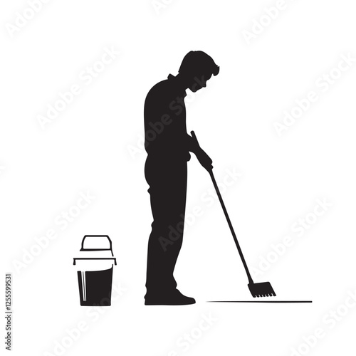 Silhouette of an Office Boy Cleaning the Floor - Vector Illustration