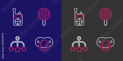 Set line Baby dummy pacifier, crib hanging toys, Lollipop and Monitor Walkie Talkie icon. Vector