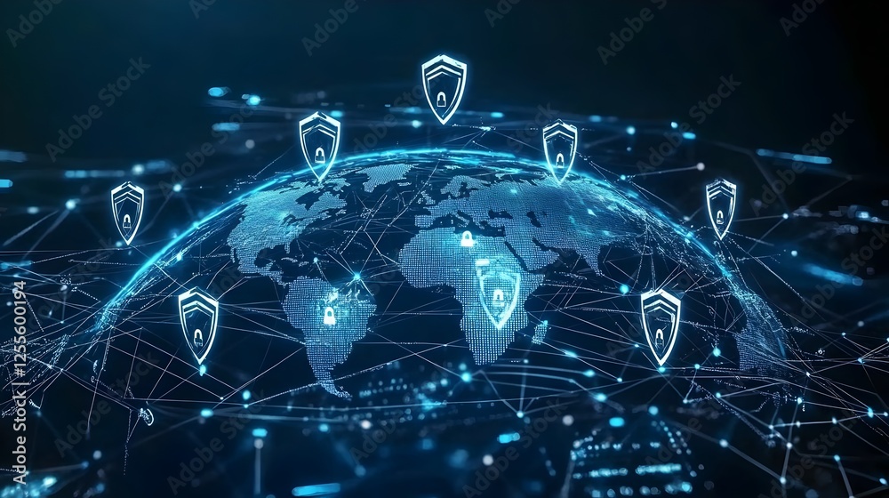 A world globe with interconnected nodes, symbolizing global connectivity, overlaid with subtle cybersecurity.represents global cybersecurity, data protection, secure networks, and digital connectivity A world globe with interconnected nodes, symbolizing global connectivity, overlaid with subtle cybersecurity.represents global cybersecurity, data protection, secure networks, and digital connectivity