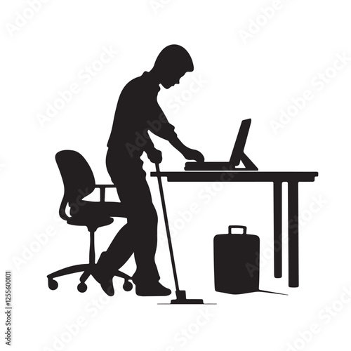 Silhouette of an Office Boy Cleaning the Office Desk - Vector Illustration