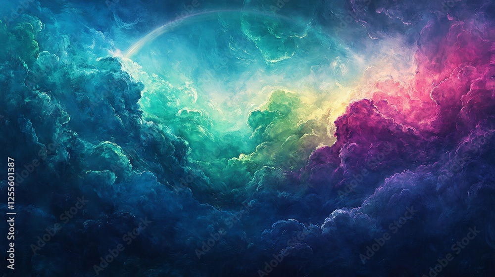 Fototapeta premium Vibrant cosmic clouds swirl dramatically a celestial panorama bathed in ethereal light. AI Generated