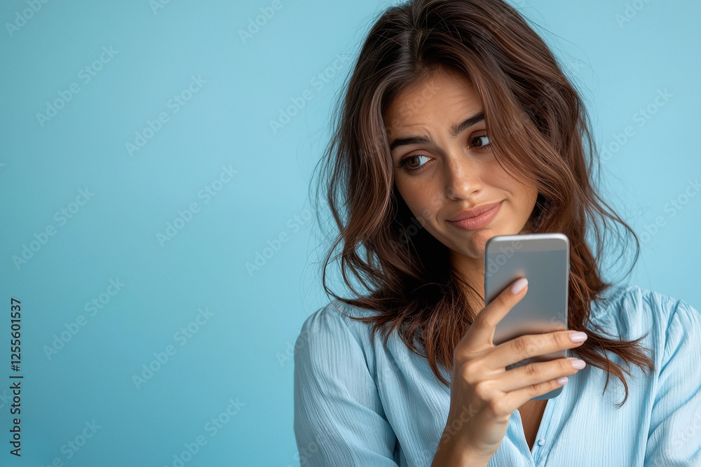 Indian woman looking at her smartphone with a worried expression Indian woman looking at her smartphone with a worried expression