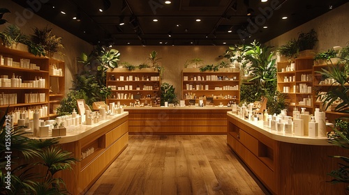 Modern, minimalist cosmetics store with wooden displays, plants, and natural light. photo