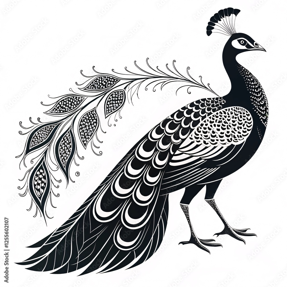 Fototapeta premium Minimalist and Graceful Black-and-White Line Art Illustration of a Majestic Peacock, Perfectly Isolated on a Clean White Background