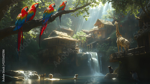 Group of birds resting on a tree branch in an exotic animal sanctuary environment