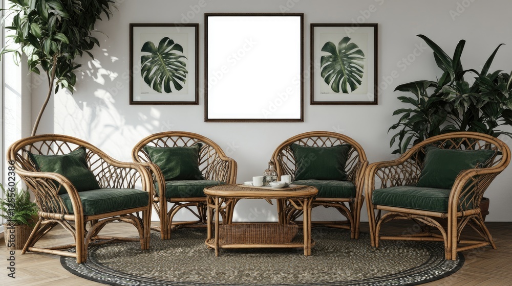 Simple bedroom with a white wall and natural rattan furnishings, showcasing a blank mockup frame for design previews Simple bedroom with a white wall and natural rattan furnishings, showcasing a blank mockup frame for design previews
