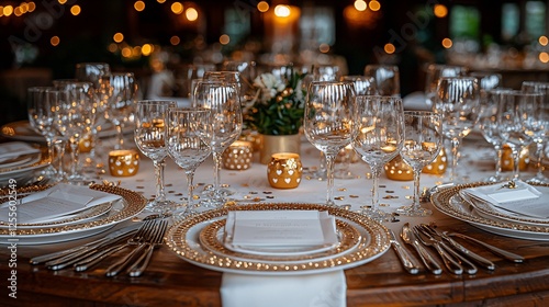 Elegant wedding reception dinner table setting, warm lighting, rustic venue photo