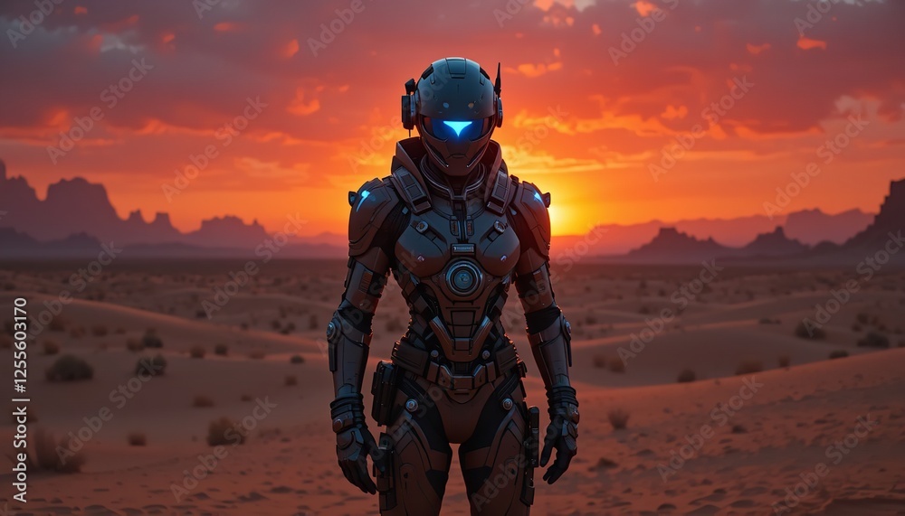 Female Astronaut in Advanced Spacesuit Desert Sunset Sci Fi Digital Art Futuristic Robot Woman Landscape Adventure Exploration Orange Sky Alien Planet Female Astronaut in Advanced Spacesuit Desert Sunset Sci Fi Digital Art Futuristic Robot Woman Landscape Adventure Exploration Orange Sky Alien Planet