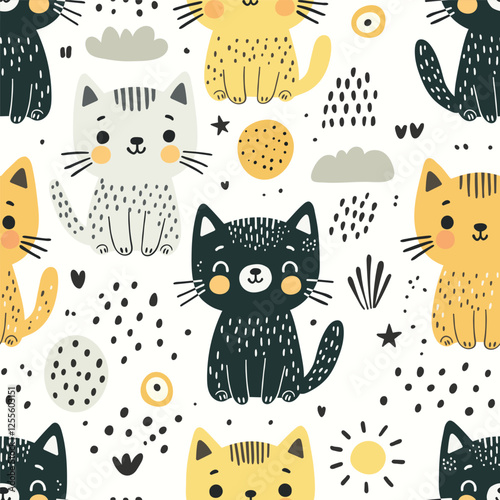 Seamless pattern with cute cartoon cats in black, yellow, and gray tones surrounded by abstract shapes and doodles.