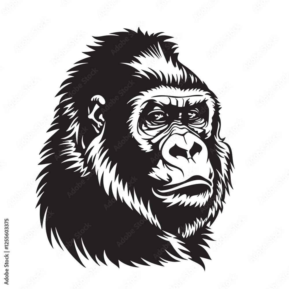 Obraz premium Bold black tattoo-style illustration vector of a gorilla head in vintage engraving style. Highly detailed, fierce expression, perfect for logos, prints, and designs. Wildlife Animals.
