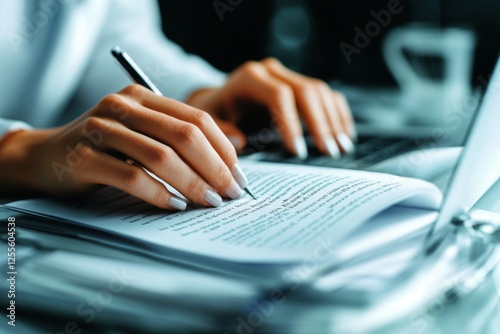 A close-up of hands typing on a laptop with a dissertation document open on the screen photo